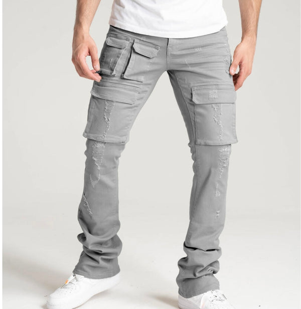 Spark stretch twill cargo stack pants w/rip & repair(gray)