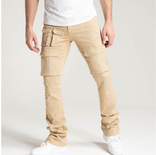 Spark stretch twill cargo stack pants w/rip & repair(khaki)