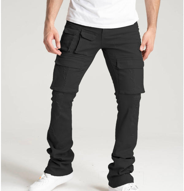 Spark stretch twill cargo stack pants w/rip & repair(black)