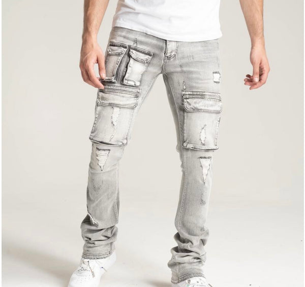 Spark stretch cargo stack jeans w/rip & repair(gray)