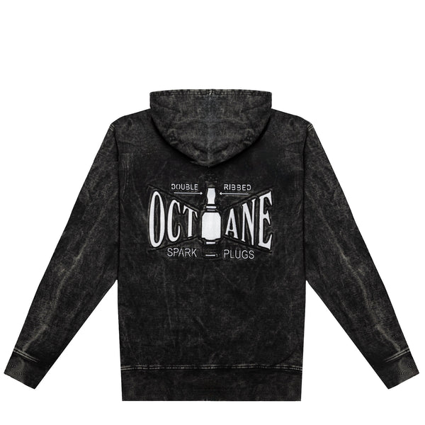 Octane Spark plug zip up hoodie(Black denim wash)